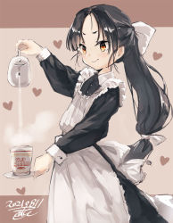 Rule 34 | 1girl, alternate costume, alternate hairstyle, apron, black dress, black hair, brown eyes, commentary request, cowboy shot, dated, decantering, dress, enmaided, frilled apron, frills, high ponytail, kantai collection, long hair, looking at viewer, low-tied long hair, maid, multi-tied hair, name connection, nisshin (kancolle), nissin, nissin cup noodle, object namesake, one-hour drawing challenge, ponytail, short eyebrows, signature, smile, solo, teapot, thick eyebrows, toka (marchlizard), very long hair, white apron