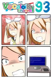 Rule 34 | 1girl, angry, ascot, blonde hair, blue eyes, blue screen of death, catstudioinc (punepuni), clenched hands, clenched teeth, close-up, comic, desk, drawing tablet, hair ribbon, highres, kagamine rin, left-to-right manga, monitor, ribbon, sailor collar, school uniform, scowl, serafuku, silent comic, snarl, solo, stylus, teeth, vocaloid, zooming in