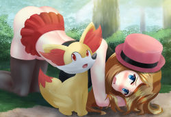 Rule 34 | 10s, 1girl, alternate color, anger vein, ass, bare shoulders, black panties, black thighhighs, blue eyes, blush, breasts, brown hair, creatures (company), fang, fedora, fennekin, from side, game freak, gen 6 pokemon, hat, leaning, leaning forward, long hair, looking at viewer, nintendo, nottytiffy, open mouth, orange hair, panties, pleated skirt, pokemon, pokemon (anime), pokemon (creature), pokemon xy, pokemon xy (anime), red skirt, serena (pokemon), simple background, skirt, sleeveless, thighhighs, underwear, upskirt, white background