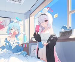 Rule 34 | 2girls, absurdres, arona (blue archive), black eyes, black hairband, blue archive, blue hair, blue halo, blue sky, closed eyes, commentary, cup, day, dong ji, doodle sensei (blue archive), hairband, halo, highres, holding, holding cup, indoors, long hair, looking at viewer, multicolored hair, multiple girls, open mouth, pink hair, plana (blue archive), red halo, sensei (blue archive), short hair, sitting, sky, standing, two-tone hair, white hair, white hairband, window, yawning