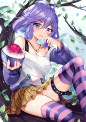 Rule 34 | 1girl, ahoge, artist name, bare shoulders, blue eyes, bowl, branch, breasts, brown skirt, cleavage, closed mouth, collarbone, commentary, food, hair between eyes, highres, holding, holding bowl, in tree, knee up, looking at viewer, medium breasts, mouth hold, off shoulder, pleated skirt, rosario+vampire, shaved ice, shirayuki mizore, shirt, sitting, sitting in tree, skirt, smile, solo, spoon, squchan, striped clothes, striped thighhighs, thighhighs, tree, utensil in mouth, watermark, web address, white shirt