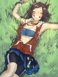 Rule 34 | 1girl, bandeau, bike shorts, black hair, blue skirt, blush, breasts, cleavage, closed eyes, feet out of frame, grass, grin, highres, hood, hooded jacket, horse tail, jacket, jewelry, lying, necklace, nitsumomushi, on back, open mouth, partially unzipped, red jacket, short hair, skirt, sleeveless, sleeveless jacket, small breasts, smile, solo, sweat, tail, teeth, umamusume, winning ticket (umamusume), wristband