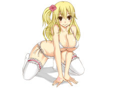 Rule 34 | 1girl, bikini, blonde hair, breasts, brown eyes, fairy tail, large breasts, lucy heartfilia, simple background, smile, solo, swimsuit, white background, xsorax812