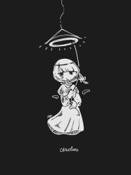 Rule 34 | 1girl, 3ma can omochi, blunt bangs, bow, ceiling light, closed mouth, commentary, cursive, dot mouth, dot nose, dress, english commentary, greyscale, hair bow, hair ribbon, halo, hands up, hanging light, highres, long sleeves, looking at viewer, medium hair, mini wings, monochrome, original, puffy long sleeves, puffy sleeves, pull cord, ribbon, sidelocks, signature, simple background, solo, tress ribbon, wind, wings