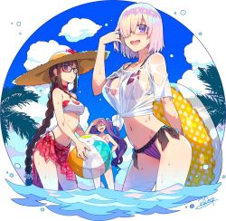 Rule 34 | 3girls, :d, arm behind back, ball, bare shoulders, beachball, bikini, breasts, brown hair, cleavage, cloud, criss-cross halter, earrings, fate/grand order, fate (series), glasses, hair over one eye, halterneck, hand on forehead, hand on own hip, hat, highres, holding, innertube, jewelry, large breasts, long hair, looking at viewer, mash kyrielight, medium breasts, midriff, multiple girls, navel, open mouth, palm tree, pink bikini, pink hair, purple bikini, purple eyes, purple hair, red eyes, redrop, sarong, screentones, see-through, shirt, short hair, side-tie bikini bottom, sion eltnam sokaris, sky, smile, striped bikini, striped clothes, sun hat, swim ring, swimsuit, thong bikini, tied shirt, tree, twintails, very long hair, water, wet, wet clothes, white bikini, white shirt, yu mei-ren (fate)