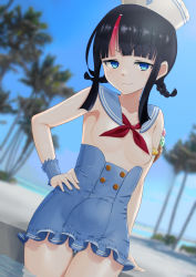 Rule 34 | 1girl, absurdres, areola slip, armlet, black hair, blue eyes, blue sailor collar, blue skirt, blue sky, blurry, blurry background, blush, braid, breasts, buttons, convenient censoring, double-breasted, fate/grand order, fate (series), hand on own hip, hat, highres, looking at viewer, low twin braids, medium hair, multicolored hair, palm tree, pink hair, revealing clothes, sailor collar, sailor hat, sidelocks, sirokohi, skirt, sky, small breasts, smile, streaked hair, thighs, tree, twin braids, utsumi erice, utsumi erice (swimsuit avenger), utsumi erice (swimsuit avenger) (second ascension), white hat