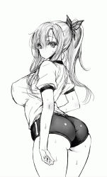Rule 34 | 10s, 1girl, artist request, ass, boku wa tomodachi ga sukunai, breasts, buruma, butterfly hair ornament, covered erect nipples, curvy, greyscale, gym uniform, hair ornament, huge breasts, kashiwazaki sena, long hair, looking at viewer, looking back, monochrome, ponytail, skindentation, solo, standing, sweat, thighs