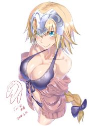 Rule 34 | 1girl, alternate costume, bare shoulders, bikini, blonde hair, blue eyes, braid, breasts, clothes down, collarbone, contemporary, cropped legs, dated, dorashieru, eyes visible through hair, fate/grand order, fate (series), from above, front-tie top, hair between eyes, headpiece, highres, jacket, jeanne d&#039;arc (fate), jeanne d&#039;arc (ruler) (fate), jeanne d&#039;arc (white cruising) (fate), large breasts, long braid, long hair, midriff, pink jacket, purple bikini, signature, single braid, smile, solo, stomach, swimsuit, unzipped, very long hair