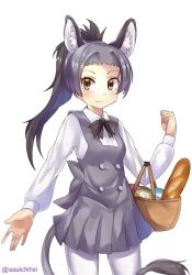 Rule 34 | 1girl, animal ear fluff, animal ears, arm up, baguette, basket, black bow, black bowtie, blouse, blue hair, blush, bow, bowtie, bread, breasts, carrying, clenched hand, cowboy shot, donkey (kemono friends), donkey ears, donkey tail, dress, food, gradient hair, grey dress, japari bun, kemono friends, kemono friends 2, long sleeves, looking at viewer, multicolored hair, open hand, orange eyes, pantyhose, pinafore dress, ponytail, shirt, simple background, sleeveless, sleeveless dress, small breasts, smile, solo, souichitei, standing, twitter username, white background, white pantyhose, white shirt