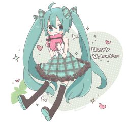 Rule 34 | 1girl, aqua eyes, aqua hair, aqua skirt, bare arms, black footwear, blush, boots, box, center frills, commentary, dot nose, flat chest, frilled skirt, frills, full body, grin, hair between eyes, hair ribbon, happy valentine, hatsune miku, heart, heart-shaped box, heart background, holding, holding box, long hair, looking at viewer, mint, najo, number tattoo, plaid, plaid ribbon, plaid skirt, polka dot, polka dot background, ribbon, shoulder tattoo, simple background, skirt, smile, solo, sparkle, sparkle background, tareme, tattoo, thigh boots, thighhighs, twintails, twitter username, very long hair, vocaloid, white background, wrist cuffs, zettai ryouiki