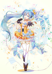 Rule 34 | 1girl, asymmetrical hair, bare shoulders, black footwear, black gloves, blue eyes, blue hair, boots, bow, breasts, choker, cleavage, collarbone, dress, female focus, flower, full body, gloves, hair between eyes, hair bow, hair ornament, hatsune miku, highres, holding, holding microphone, leg up, lengchan (fu626878068), long hair, looking at viewer, microphone, music, open mouth, outstretched hand, ponytail, project diva (series), project diva f 2nd, ribbon, shoes, side ponytail, simple background, singing, sleeveless, sleeveless dress, smile, solo, standing, standing on one leg, strapless, strapless dress, thighhighs, twintails, very long hair, vocaloid, white background, white thighhighs
