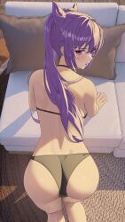 Rule 34 | 1girl, absurdres, all fours, ass, bent over, bikini, black bikini, blush, come hither, cone hair bun, couch, cushion, double bun, from above, from behind, genshin impact, hair bun, highres, jumonji, keqing (genshin impact), long hair, looking back, open mouth, purple eyes, purple hair, solo, swimsuit, twintails, v-shaped eyebrows, very long hair