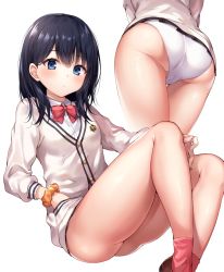 Rule 34 | 10s, 1girl, absurdres, ale nqki, ass, black hair, black skirt, blue eyes, blush, bow, bowtie, breasts, buttons, closed mouth, gridman universe, hand in pocket, highres, hip focus, knees up, legs, long hair, long sleeves, looking at viewer, medium breasts, microskirt, miniskirt, multiple views, panties, pleated skirt, red bow, red legwear, red neckwear, school uniform, scrunchie, simple background, sitting, skirt, socks, ssss.gridman, sweater, swept bangs, takarada rikka, thighs, underwear, white background, white panties, white sweater, wrist scrunchie