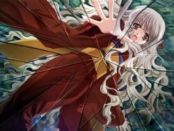 Rule 34 | 1girl, :o, carnelian, dutch angle, game cg, japanese clothes, kimono, long hair, looking at viewer, night demon, obi, open mouth, osagiri futaai, outstretched arm, outstretched hand, sash, shatter, solo, standing, white hair