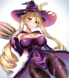 Rule 34 | 1girl, absurdres, azur lane, bat hair ornament, belt, blonde hair, blue background, blush, bow, breasts, brooch, broom, brown pantyhose, cameltoe, cape, cleavage, coda (simon1995), collarbone, covered erect nipples, detached sleeves, flask, food-themed hair ornament, gradient background, hair ornament, halloween, hat, hat bow, highres, jewelry, large breasts, leotard, lips, long hair, looking at viewer, nelson (azur lane), nelson (luna witch) (azur lane), pantyhose, potion, pumpkin hair ornament, purple leotard, red eyes, simple background, solo, thighband pantyhose, twintails, very long hair, witch, witch hat
