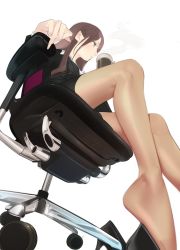 Rule 34 | 1girl, ama mitsuki, black footwear, black jacket, black skirt, blouse, brown eyes, brown hair, brown pantyhose, chair, closed mouth, coffee cup, commentary request, cup, disposable cup, dutch angle, feet out of frame, unworn footwear, from below, jacket, long hair, looking to the side, office chair, office lady, original, pantyhose, pencil skirt, see-through, see-through legwear, shirt, skirt, solo, steam, straight hair, swivel chair, white background, white shirt