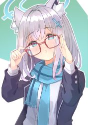 Rule 34 | 1girl, adjusting eyewear, animal ear fluff, animal ears, black jacket, blazer, blue archive, blue eyes, blue scarf, blush, commentary request, fringe trim, glasses, green background, grey hair, hair ornament, halo, hand on eyewear, hands up, highres, jacket, looking at viewer, nomio, open clothes, open jacket, parted lips, red-framed eyewear, scarf, school uniform, shiroko (blue archive), shirt, solo, two-tone background, upper body, white background, white shirt