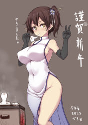 Rule 34 | 10s, 1girl, alternate costume, bare hips, black gloves, breasts, brown eyes, brown hair, china dress, chinese clothes, chopsticks, covered navel, dress, eating, elbow gloves, food, gloves, hair ornament, hair stick, highres, jema, kaga (kancolle), kantai collection, large breasts, looking at viewer, mochi, no panties, short hair, side slit, sideboob, solo, translated, v, wagashi
