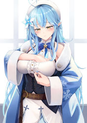 Rule 34 | 1girl, absurdres, ahoge, belt, beret, black corset, blouse, blue bow, blue bowtie, blue coat, blue hair, blue nails, bow, bowtie, braid, breasts, brown belt, center frills, cleavage cutout, closed mouth, clothing cutout, coat, commentary request, corset, elf, flower, frilled shirt, frills, fur-trimmed coat, fur trim, hair between eyes, hair flower, hair ornament, half updo, hand under clothes, hand under shirt, hands up, hat, heart, heart ahoge, highres, hololive, indoors, large breasts, long hair, mikoto (stbk), nail polish, off shoulder, pointy ears, shirt, sleeveless, sleeveless shirt, snowflake hair ornament, snowflake print, solo, underbust, very long hair, virtual youtuber, white hat, white shirt, wide sleeves, yellow eyes, yukihana lamy