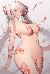 Rule 34 | 1girl, :o, absurdres, alternate hairstyle, banitya, blunt bangs, blush, bow, breasts, commentary request, covered erect nipples, cowboy shot, dutch angle, eyes visible through hair, from below, fujiwara no mokou, gradient background, grey background, hair bow, hair intakes, highres, large breasts, long hair, looking at viewer, maebari, ofuda, ofuda on nipples, ofuda on pussy, open mouth, pasties, red bow, red eyes, silver hair, simple background, solo, sweat, touhou, twintails, very long hair, white bow