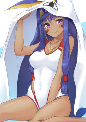 Rule 34 | 1girl, animal ears, blunt bangs, breasts, closed mouth, commentary request, competition swimsuit, covered navel, dark-skinned female, dark skin, earrings, facial mark, fate/grand order, fate (series), highres, hood, hoodie, hoop earrings, jackal ears, jewelry, long hair, looking at viewer, low-tied long hair, medium breasts, necklace, nitocris (fate), nitocris (fate/grand order), nitocris (swimsuit assassin) (fate), nitocris (swimsuit assassin) (second ascension) (fate), one-piece swimsuit, purple eyes, purple hair, sitting, smile, solo, super nagoyaka, swimsuit, wariza