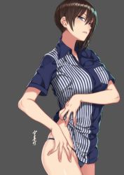 Rule 34 | 10s, 1girl, alternate costume, arm at side, artist name, ass, bad id, bad pixiv id, bare arms, blouse, blue eyes, blue panties, breast hold, breast pocket, breasts, brown hair, clothes lift, collared shirt, commentary, cowboy shot, dress shirt, employee uniform, eyebrows, from side, frown, grey background, groin, hair between eyes, hand on own hip, head tilt, highres, kaga (kancolle), kantai collection, lawson, lifted by self, looking at viewer, medium breasts, no pants, panties, parted lips, pocket, ponytail, shirt, shirt lift, short sleeves, side ponytail, sideways glance, signature, simple background, skindentation, solo, sora yoshitake yuda, striped clothes, striped shirt, thighs, underwear, uniform, vertical-striped clothes, vertical-striped shirt