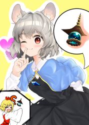 Rule 34 | 2girls, ;3, ?, absurdres, animal ears, bishamonten&#039;s pagoda, black dress, blonde hair, blue capelet, capelet, commentary request, dress, grey hair, hair ornament, heart, highres, jewelry, long sleeves, mouryou (chimimouryou), mouse ears, mouse girl, multiple girls, nazrin, one eye closed, outline, pendant, red eyes, short hair, simple background, solo focus, speech bubble, toramaru shou, touhou, white outline, wide sleeves, yellow background