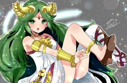 Rule 34 | 1girl, :o, anklet, armlet, artist name, bangle, bare shoulders, blush, bracelet, bracer, circlet, cross-laced footwear, dot nose, dress, female focus, floating, forehead jewel, green eyes, green hair, jewelry, kid icarus, kid icarus uprising, laurel crown, legs up, long hair, looking at viewer, lots of jewelry, matching hair/eyes, meiwari, neck ring, necklace, nintendo, outstretched arm, palutena, parted bangs, pendant, sidelocks, single thighhigh, solo, sparkle, sparkle background, straight hair, strapless, strapless dress, strappy heels, thighhighs, very long hair, white dress