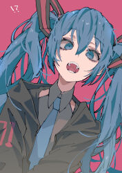 Rule 34 | !?, 1girl, 3774., black jacket, blue eyes, blue hair, blue necktie, grey shirt, hair between eyes, hair ornament, hatsune miku, highres, jacket, long hair, long sleeves, looking at viewer, necktie, open mouth, pink background, shirt, solo, twintails, upper body, vocaloid