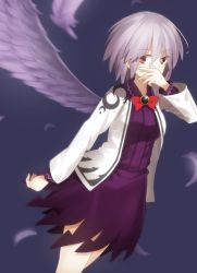 Rule 34 | 1girl, angel wings, bow, brooch, dress, feathers, hand on own face, highres, jacket, jewelry, kishin sagume, looking at viewer, minamina, open clothes, open jacket, purple dress, red eyes, silver hair, single wing, solo, touhou, wings