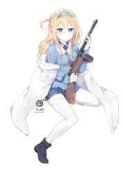 Rule 34 | 1girl, blonde hair, blue eyes, girls&#039; frontline, gun, headband, holding, holding gun, holding weapon, jacket, looking at viewer, military, military uniform, revision, silltare, sitting, solo, submachine gun, suomi kp/-31, suomi (girls&#039; frontline), thighhighs, uniform, weapon