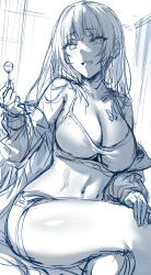 Rule 34 | 1girl, :q, bare shoulders, blush, borrowed character, breasts, butterfly tattoo, candy, cleavage, collarbone, crossed legs, food, hews, highres, holding, holding candy, holding food, holding lollipop, jacket, large breasts, lollipop, long hair, looking at viewer, navel, open clothes, open jacket, original, sketch, solo, tattoo, thighs, tongue, tongue out, very long hair, yuna (biya (1024))