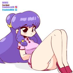 Rule 34 | 1girl, animated, animated gif, ass, blush, chinese clothes, chinese text, diives, hair ornament, high heels, highres, leg up, legs together, long hair, looking at viewer, makeup, open mouth, panties, pumps, purple hair, ranma 1/2, shampoo (ranma 1/2), shoes, sitting, smile, solo, speech bubble, underwear, upskirt, white background