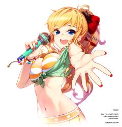 Rule 34 | 10s, 1girl, bad id, bad pixiv id, bikini, bikini top only, blonde hair, blue eyes, blush, breasts, cleavage, highres, idolmaster, idolmaster cinderella girls, long hair, looking at viewer, microphone, navel, ohtsuki yui, open mouth, outstretched arm, ponytail, rheez, smile, solo, swimsuit