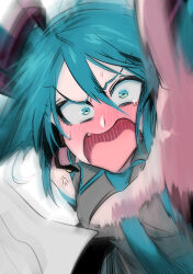 Rule 34 | 1girl, absurdres, anger vein, blue eyes, blue hair, blue necktie, blush, breasts, collared shirt, detached sleeves, fujita (umeeda fuji), hatsune miku, highres, long hair, looking at viewer, medium breasts, motion blur, necktie, nervous sweating, nose blush, open hand, open mouth, paper, shirt, solo, sweat, twintails, v-shaped eyebrows, vocaloid