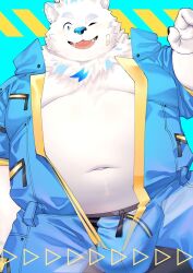 1boy animal_ears bandaid bandaid_on_cheek bandaid_on_face bara bare_pectorals belly blue_pants blue_shirt claws commentary dog_boy dog_ears dog_nose english_commentary fat fat_man furry furry_male highres live_a_hero male_focus multicolored_hair navel one_eye_closed open_mouth pants pectoral_cleavage pectorals shirt smile streaked_hair unzipped white_fur yohack yuufreak