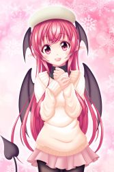 Rule 34 | 1girl, :d, black pantyhose, black wings, cowboy shot, demon tail, demon wings, head wings, highres, koakuma, long hair, long sleeves, looking at viewer, miniskirt, open mouth, pantyhose, pink background, pink skirt, pleated skirt, pointy ears, red eyes, red hair, reimei (r758120518), skirt, smile, snowflakes, solo, standing, straight hair, sweater, tail, touhou, turtleneck, very long hair, white sweater, wings