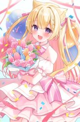 Rule 34 | 1girl, :d, animal ears, balloon, blonde hair, blush, bouquet, bow, cat ears, cat girl, cat tail, confetti, detached sleeves, double-parted bangs, flower, frills, hair bow, hamico, highres, holding, holding bouquet, indie virtual youtuber, long hair, open mouth, pink bow, puffy detached sleeves, puffy sleeves, purple eyes, smile, solo, tail, too many, too many frills, yumehoshi moka