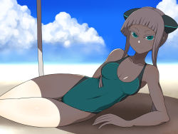 Rule 34 | 1girl, adapted costume, alternate color, alternate costume, aqua eyes, aqua one-piece swimsuit, arm behind back, beach, blunt bangs, blurry, breasts, cleavage, cloud, colored eyelashes, competition swimsuit, day, depth of field, electro emilia, green one-piece swimsuit, headgear, hime cut, ken (koala), legs, long hair, lying, medium breasts, neon trim, on side, one-piece swimsuit, original, outdoors, ringed eyes, sand, shade, sky, smile, solo, swimsuit, thigh gap, thighs, white hair