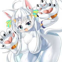 Rule 34 | 1girl, ahoge, animal ear fluff, animal ears, animal hands, blue eyes, breasts, cat ears, cat girl, cat tail, character request, collarbone, colored skin, commentary request, cowboy shot, crescent, crescent hair ornament, fangs, furry, furry female, hair ornament, hop step jumpers, large breasts, leaning forward, lets0020, looking at viewer, medium bangs, open mouth, simple background, smile, solo, star (symbol), star hair ornament, tail, transparent background, white skin