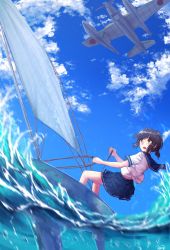 Rule 34 | 10s, 1girl, :o, air bubble, aircraft, airplane, back, black hair, blouse, blue skirt, blue sky, boat, bubble, cloud, day, dutch angle, fubuki (kancolle), highres, holding, kantai collection, karo-chan, leaning back, low ponytail, motion blur, ocean, open mouth, outdoors, pleated skirt, riding, sailboat, sailing, school uniform, serafuku, shirt, short sleeves, signature, skirt, sky, solo, water, watercraft, waves, white shirt, yellow eyes
