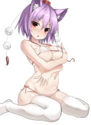 Rule 34 | 1girl, alternate hair color, animal ears, bikini, blush, breast hold, breasts, chestnut mouth, cleavage, crossed arms, greatmosu, hair between eyes, hat, highres, inubashiri momiji, looking at viewer, md5 mismatch, micro bikini, navel, open mouth, red eyes, resized, resolution mismatch, side-tie bikini bottom, simple background, sitting, solo, source larger, strap gap, string bikini, sweatdrop, swimsuit, thighhighs, tokin hat, touhou, underboob, wariza, white background, white thighhighs
