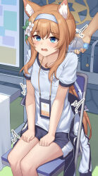 Rule 34 | 1girl, 1other, absurdres, animal ear fluff, animal ears, blue archive, blue eyes, bottle, chair, flower, gym uniform, hair flower, hair ornament, hairband, halo, highres, lanyard, mari (blue archive), mari (track) (blue archive), official alternate costume, on chair, pizza (pizzania company), plastic bottle, raised eyebrows, shirt, sitting, solo focus, water bottle, white hairband, white shirt