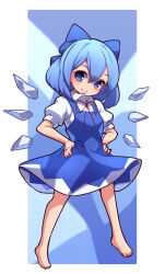 Rule 34 | 1girl, barefoot, blue background, blue bow, blue dress, blue eyes, blue hair, bow, cirno, closed mouth, collared shirt, dress, full body, hair bow, hands on own hips, highres, looking at viewer, pinafore dress, puffy short sleeves, puffy sleeves, shirt, short hair, short sleeves, sleeveless dress, smile, solo, touhou, umenodo, white shirt