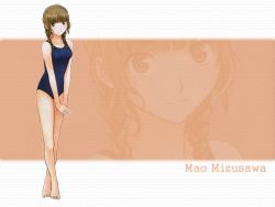 Rule 34 | 1girl, barefoot, braid, brown background, brown eyes, brown hair, character name, kimi kiss, legs, looking at viewer, mizusawa mao, one-piece swimsuit, school swimsuit, solo, swimsuit, twin braids, wallpaper, zoom layer