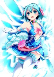 Rule 34 | 10s, 1girl, :d, aqua eyes, aqua hair, blush, bow, breasts, choker, cleavage cutout, clothing cutout, divine gate, dress, earrings, elbow gloves, flower, frilled dress, frills, gem, gloves, hair bow, highres, jewelry, leg up, looking at viewer, medium breasts, nanaume (shichimi tougarashi), open mouth, outstretched arms, pink bow, shoes, short hair, sleeveless, smile, solo, thighhighs, vivian (divine gate), white gloves, white thighhighs
