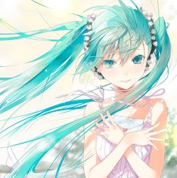 Rule 34 | 1girl, floating hair, flower, fuyuno haruaki, green eyes, green hair, hair flower, hair ornament, hand on own chest, hatsune miku, letter, long hair, looking at viewer, matching hair/eyes, solo, twintails, vocaloid, wind