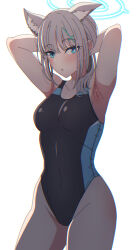 Rule 34 | 1girl, animal ear fluff, animal ears, arimon (dfrgty12), arms behind head, black one-piece swimsuit, blue archive, blue eyes, breasts, competition swimsuit, covered navel, cowboy shot, cross hair ornament, extra ears, grey hair, hair ornament, halo, highres, looking at viewer, low ponytail, medium breasts, medium hair, mismatched pupils, multicolored clothes, multicolored swimsuit, official alternate costume, one-piece swimsuit, shiroko (blue archive), shiroko (swimsuit) (blue archive), simple background, solo, swimsuit, white background, wolf ears