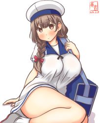 Rule 34 | 1girl, artist logo, bag, blue sailor collar, braid, breasts, brown eyes, brown hair, commentary request, cosplay, dated, dress, hat, hiburi (kancolle), hiburi (kancolle) (cosplay), kanon (kurogane knights), kantai collection, large breasts, long hair, one-hour drawing challenge, sailor collar, sailor dress, sailor hat, school bag, shinshuu maru (kancolle), shoes, short sleeves, simple background, sitting, socks, solo, twin braids, uwabaki, white background, white dress, white hat, white socks, yokozuwari