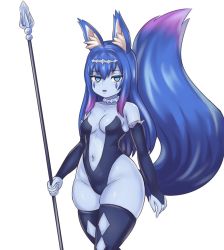 Rule 34 | 1girl, animal ear fluff, animal ears, bare shoulders, blue eyes, blue gloves, blue hair, blue skin, blue thighhighs, breasts, bridal gauntlets, center opening, choker, collarbone, colored skin, cowboy shot, elbow gloves, expressionless, facial mark, fang, fox ears, fox tail, gloves, gradient hair, hair between eyes, highleg, holding, holding staff, ice queen (monster girl encyclopedia), kemonomimi mode, long hair, looking at viewer, medium breasts, monster girl encyclopedia, multicolored hair, nav (itsnav), navel, parted lips, purple hair, sidelocks, simple background, skindentation, solo, staff, tail, thighhighs, white background, wide hips